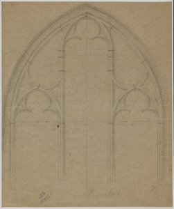 214573 Interieur van de Buurkerk te Utrecht: opstand van het ontwerp voor de tracering in het tweede nieuwe venster aan ...
